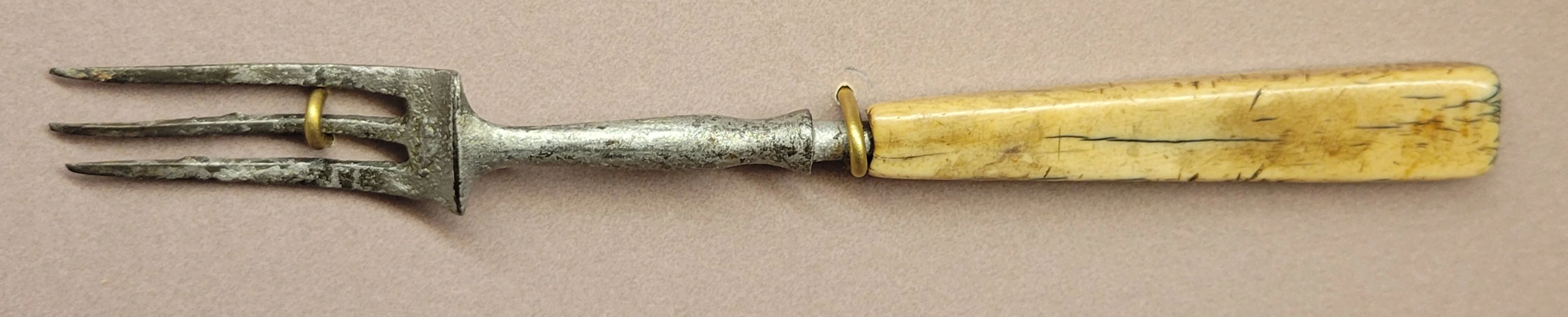 crude looking fork with yellow bone handle