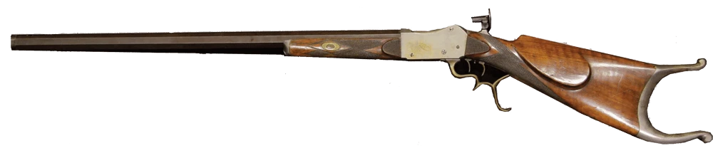 Photo of a long rifle with a wooden handle and horseshoe shaped shoulder rest.