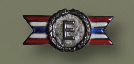 small pin, with an E in the center of a wreath design, and red white and blue strips on either side.