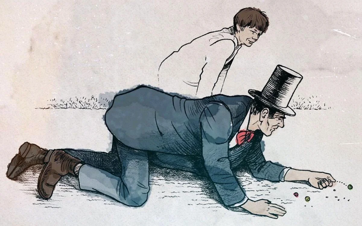 Even Mr. Lincoln played marbles! This water color illustration by Rick Tuma appears in the video short “Lincoln: Recollections and Reminiscences,” featured in the McLean County Museum of History exhibit, “Abraham Lincoln in McLean County.”